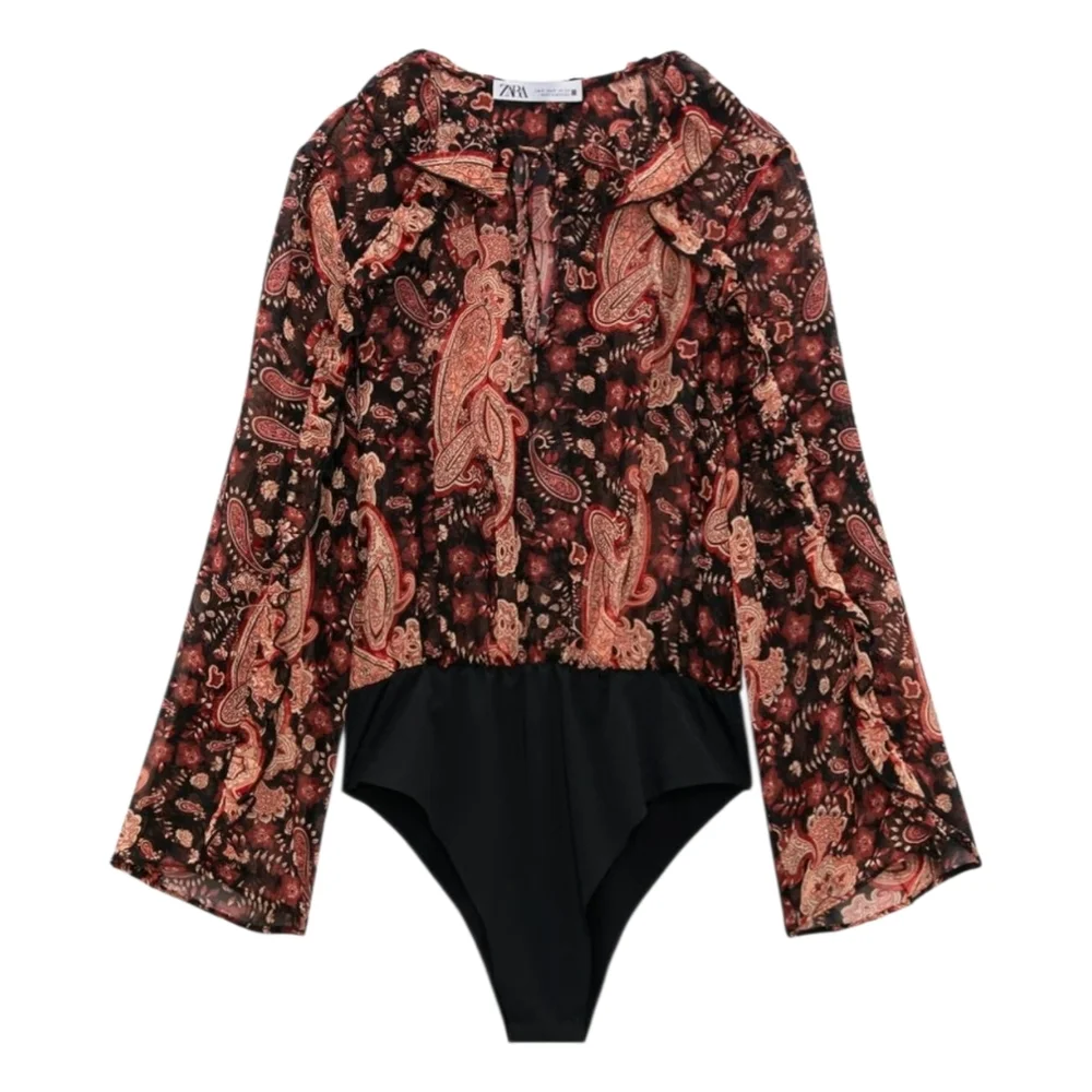 Zara Women's Paisley Semi-Sheer Ruffled Bodysuit - Picture 4 of 15